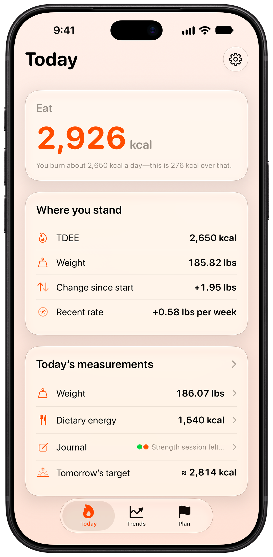 Burn Rate Today showing an invented gaining plan, a daily energy target and a positive weight trend toward a 200-pound goal.